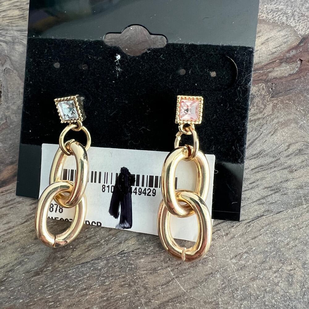 🍭6/$30 New Gold Tone Dangle Drop Pink and Clear Crystal Earrings